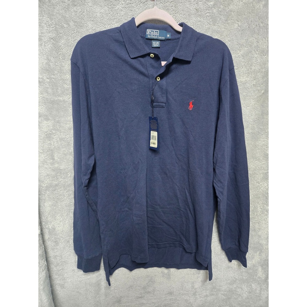 Polo Ralph Lauren Mens Long Sleeve Mesh Polo Shirt Navy Blue Red Pony Size M NEW